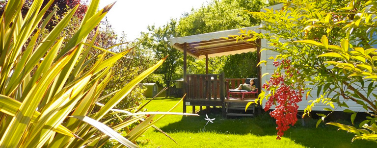 L'extérieur d'un chalet Nid Douillet, dans son îlot de verdure, en location au camping 3 étoiles avec piscine Le Petit Pyrénéen en Ariège dans les Pyrénées